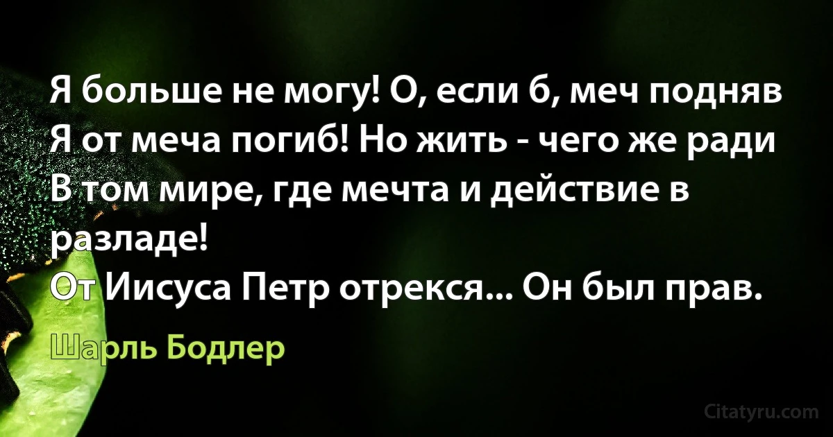 Я больше не могу! О, если б, меч подняв
Я от меча погиб! Но жить - чего же ради
В том мире, где мечта и действие в разладе!
От Иисуса Петр отрекся... Он был прав. (Шарль Бодлер)