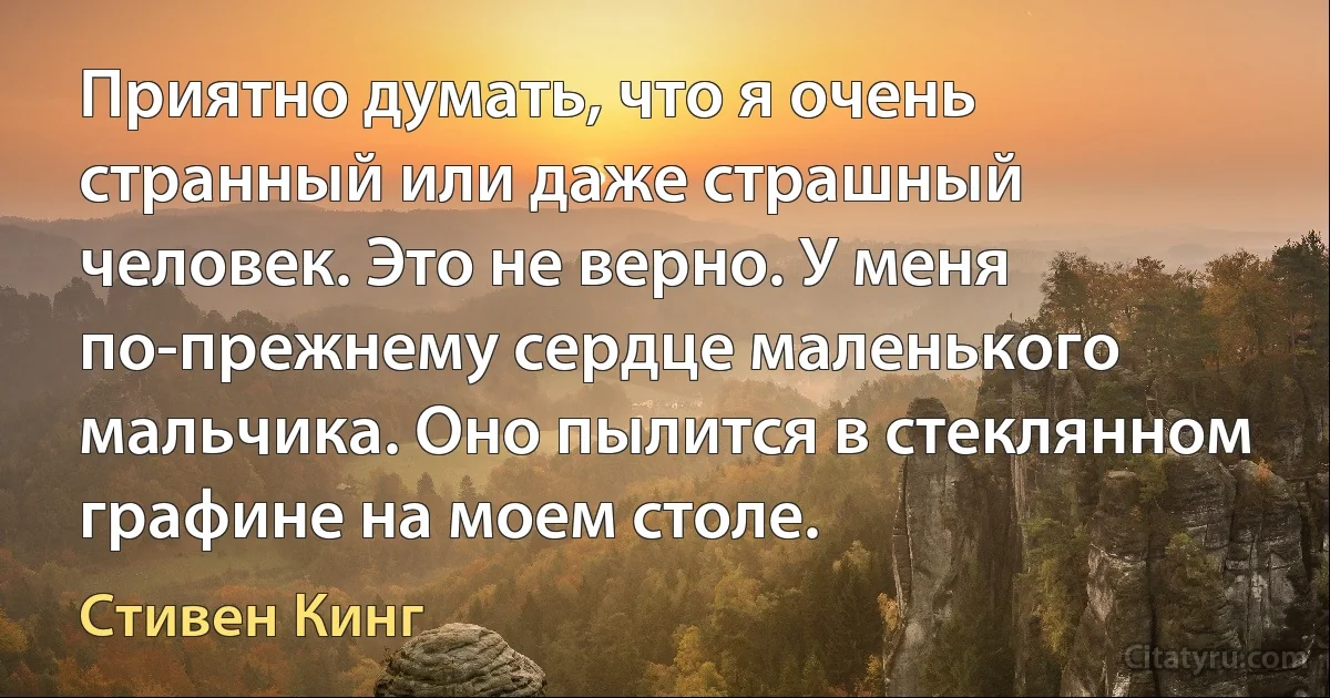 Приятно думать, что я очень странный или даже страшный человек. Это не верно. У меня по-прежнему сердце маленького мальчика. Оно пылится в стеклянном графине на моем столе. (Стивен Кинг)