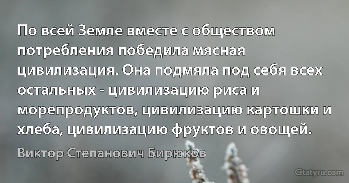 По всей Земле вместе с обществом потребления победила мясная цивилизация. Она подмяла под себя всех остальных - цивилизацию риса и морепродуктов, цивилизацию картошки и хлеба, цивилизацию фруктов и овощей. (Виктор Степанович Бирюков)