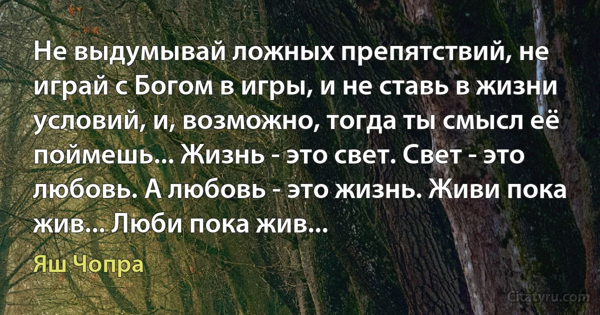 Не выдумывай ложных препятствий, не играй с Богом в игры, и не ставь в жизни условий, и, возможно, тогда ты смысл её поймешь... Жизнь - это свет. Свет - это любовь. А любовь - это жизнь. Живи пока жив... Люби пока жив... (Яш Чопра)