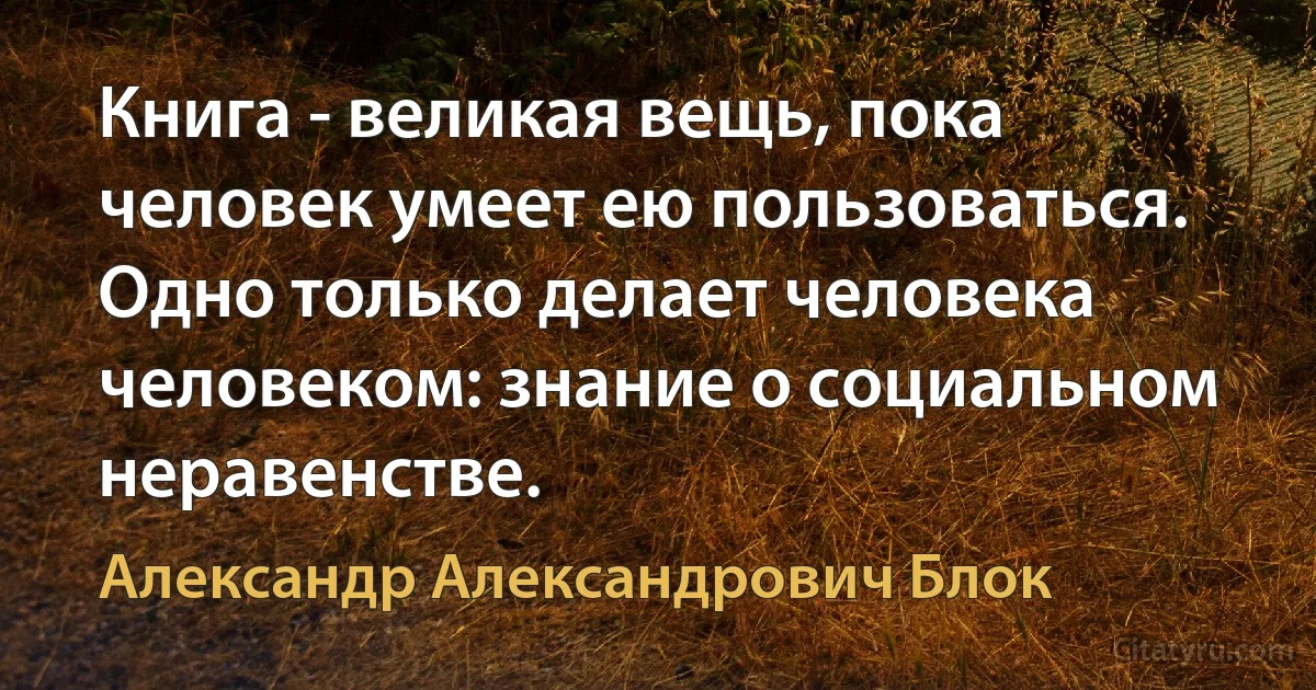 Книга - великая вещь, пока человек умеет ею пользоваться. Одно только делает человека человеком: знание о социальном неравенстве. (Александр Александрович Блок)