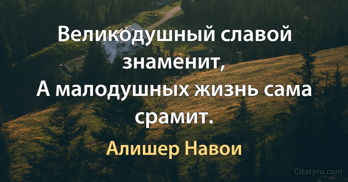 Великодушный славой знаменит,
А малодушных жизнь сама срамит. (Алишер Навои)