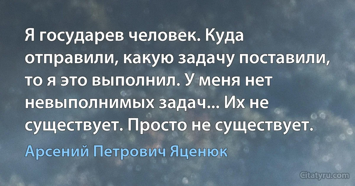 Я государев человек. Куда отправили, какую задачу поставили, то я это выполнил. У меня нет невыполнимых задач... Их не существует. Просто не существует. (Арсений Петрович Яценюк)