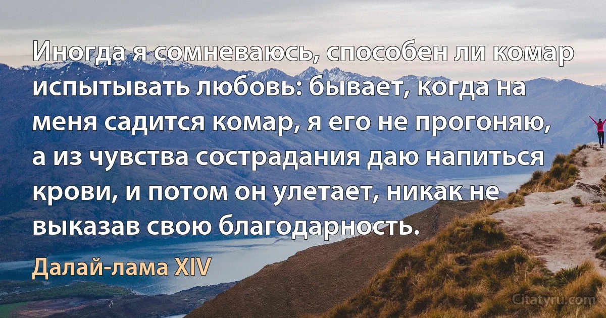 Иногда я сомневаюсь, способен ли комар испытывать любовь: бывает, когда на меня садится комар, я его не прогоняю, а из чувства сострадания даю напиться крови, и потом он улетает, никак не выказав свою благодарность. (Далай-лама XIV)