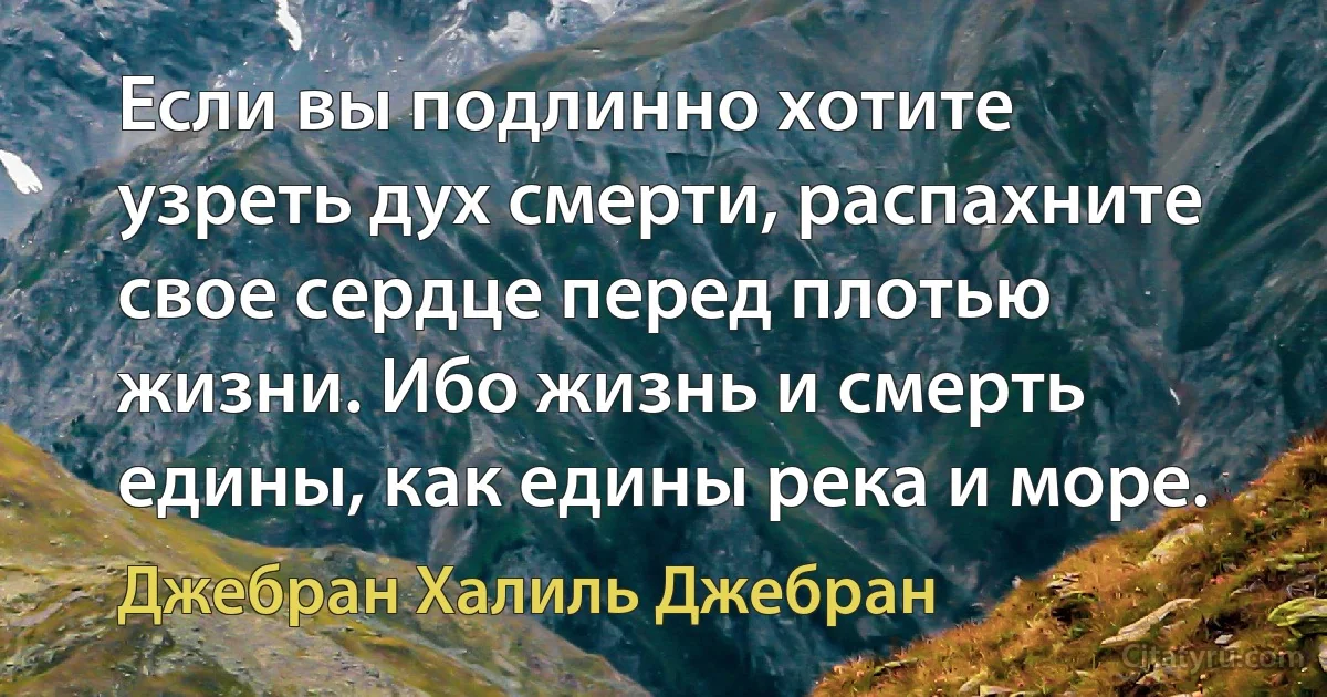 Если вы подлинно хотите узреть дух смерти, распахните свое сердце перед плотью жизни. Ибо жизнь и смерть едины, как едины река и море. (Джебран Халиль Джебран)