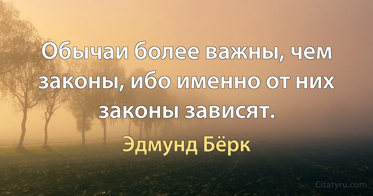 Обычаи более важны, чем законы, ибо именно от них законы зависят. (Эдмунд Бёрк)