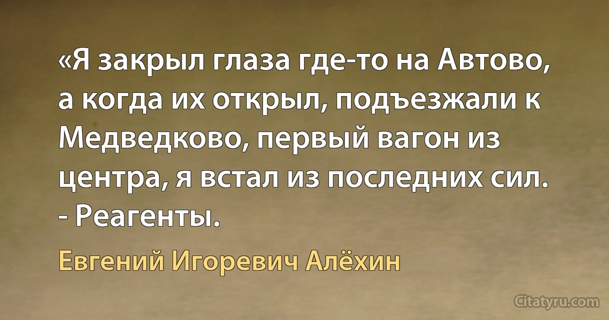 «Я закрыл глаза где-то на Автово, а когда их открыл, подъезжали к Медведково, первый вагон из центра, я встал из последних сил. - Реагенты. (Евгений Игоревич Алёхин)