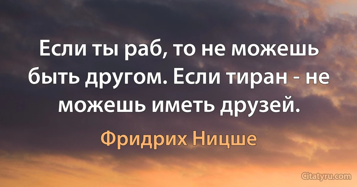 Если ты раб, то не можешь быть другом. Если тиран - не можешь иметь друзей. (Фридрих Ницше)