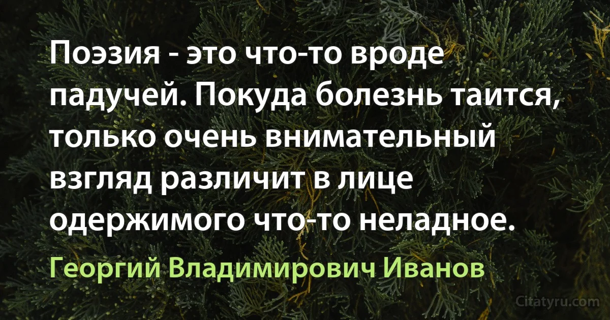 Поэзия - это что-то вроде падучей. Покуда болезнь таится, только очень внимательный взгляд различит в лице одержимого что-то неладное. (Георгий Владимирович Иванов)