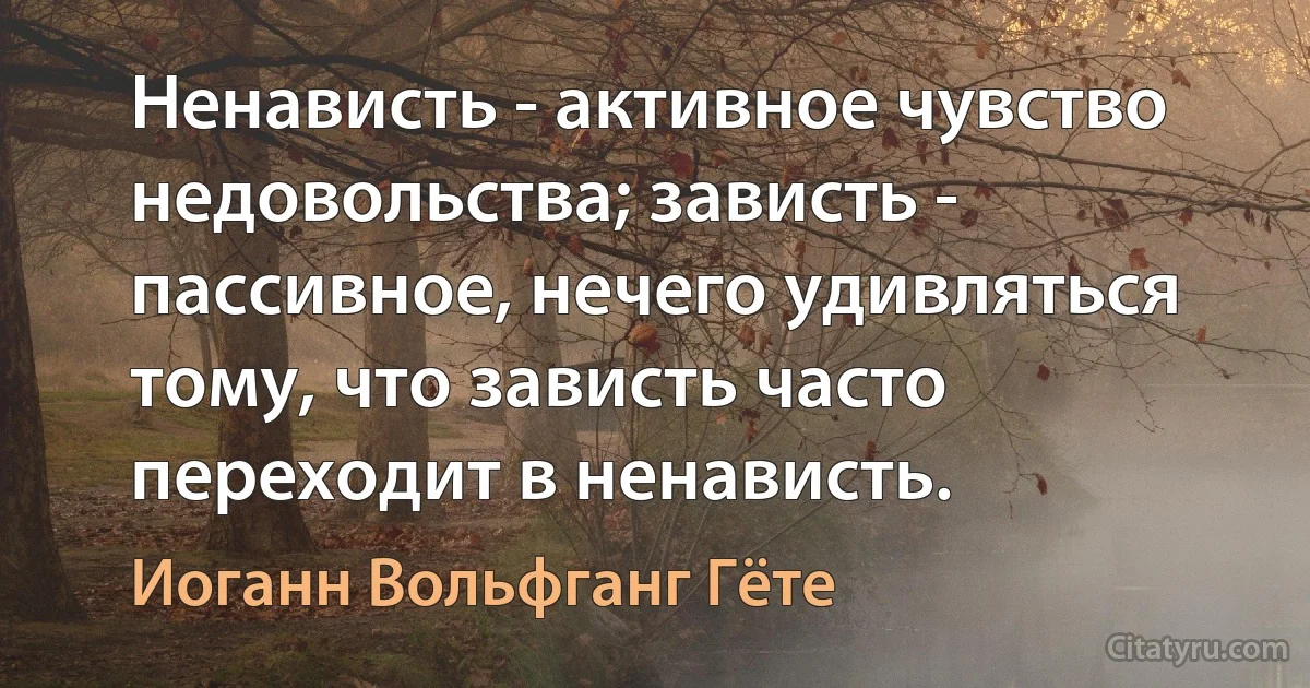 Ненависть - активное чувство недовольства; зависть - пассивное, нечего удивляться тому, что зависть часто переходит в ненависть. (Иоганн Вольфганг Гёте)