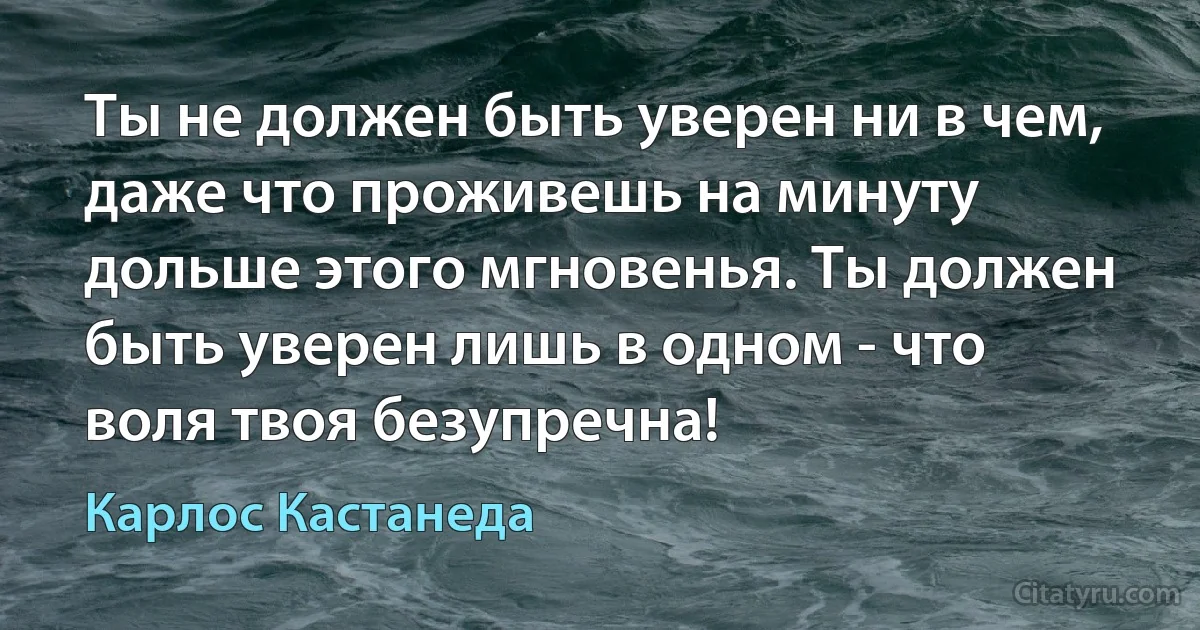 Ты не должен быть уверен ни в чем, даже что проживешь на минуту дольше этого мгновенья. Ты должен быть уверен лишь в одном - что воля твоя безупречна! (Карлос Кастанеда)