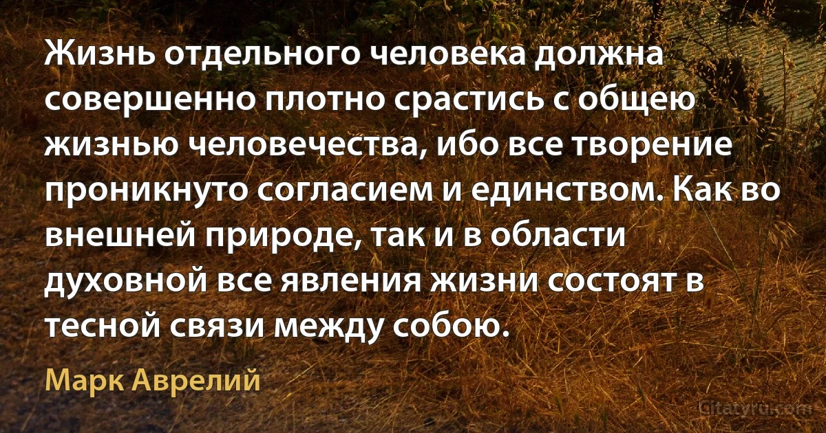 Жизнь отдельного человека должна совершенно плотно срастись с общею жизнью человечества, ибо все творение проникнуто согласием и единством. Как во внешней природе, так и в области духовной все явления жизни состоят в тесной связи между собою. (Марк Аврелий)