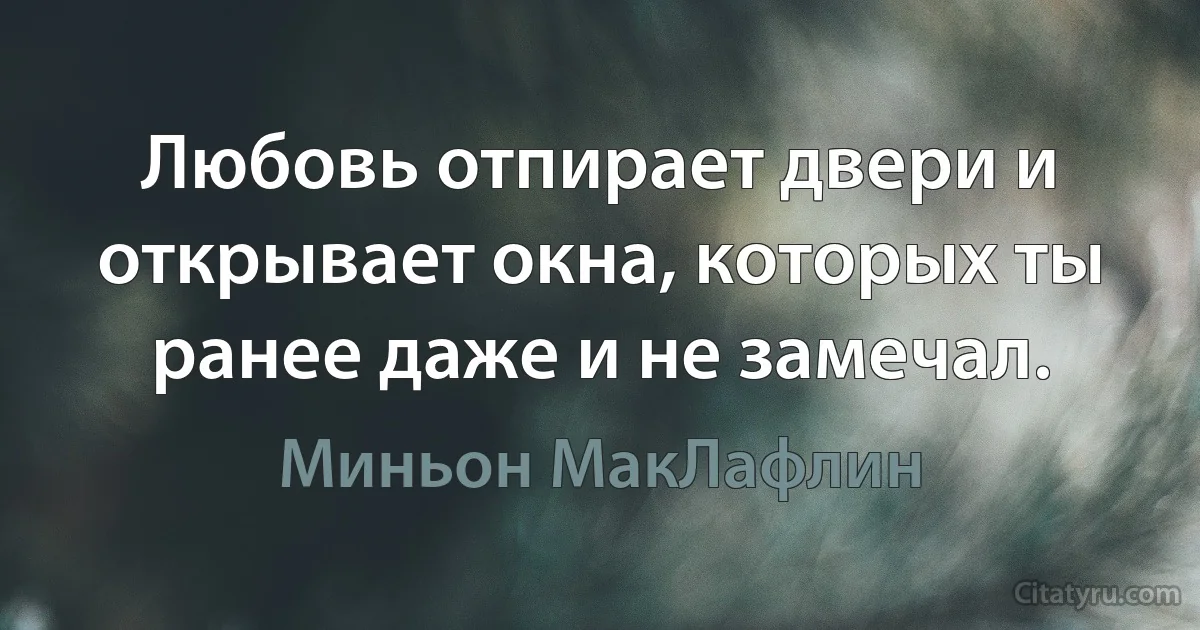 Любовь отпирает двери и открывает окна, которых ты ранее даже и не замечал. (Миньон МакЛафлин)