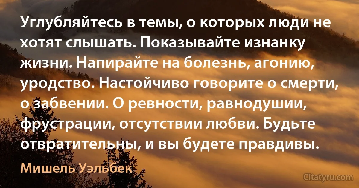 Углубляйтесь в темы, о которых люди не хотят слышать. Показывайте изнанку жизни. Напирайте на болезнь, агонию, уродство. Настойчиво говорите о смерти, о забвении. О ревности, равнодушии, фрустрации, отсутствии любви. Будьте отвратительны, и вы будете правдивы. (Мишель Уэльбек)