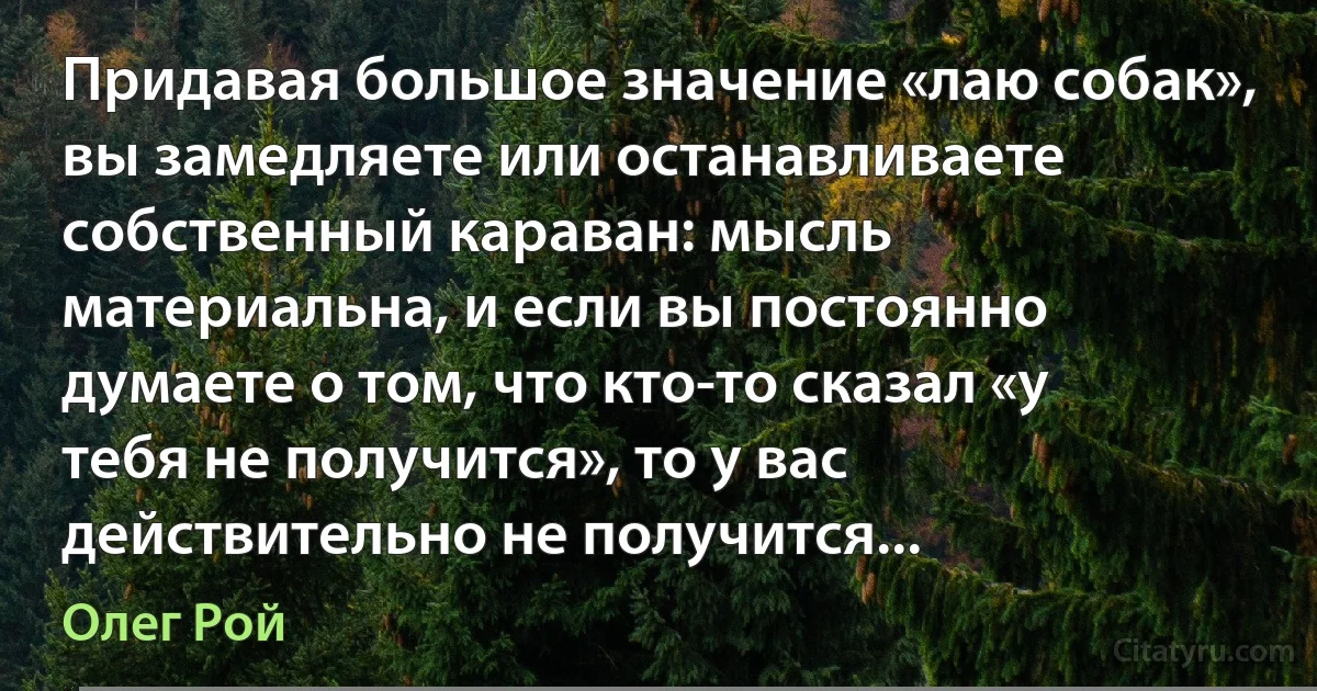 Придавая большое значение «лаю собак», вы замедляете или останавливаете собственный караван: мысль материальна, и если вы постоянно думаете о том, что кто-то сказал «у тебя не получится», то у вас действительно не получится... (Олег Рой)