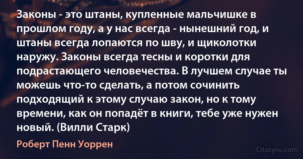 Законы - это штаны, купленные мальчишке в прошлом году, а у нас всегда - нынешний год, и штаны всегда лопаются по шву, и щиколотки наружу. Законы всегда тесны и коротки для подрастающего человечества. В лучшем случае ты можешь что-то сделать, а потом сочинить подходящий к этому случаю закон, но к тому времени, как он попадёт в книги, тебе уже нужен новый. (Вилли Старк) (Роберт Пенн Уоррен)