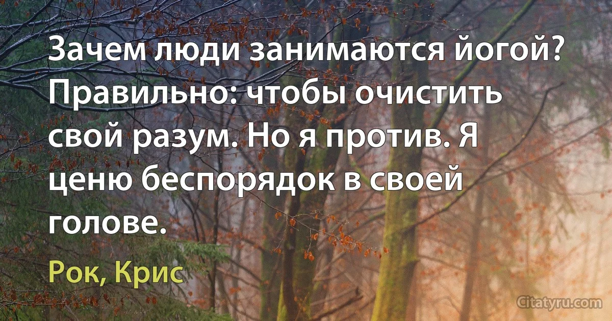 Зачем люди занимаются йогой? Правильно: чтобы очистить свой разум. Но я против. Я ценю беспорядок в своей голове. (Рок, Крис)