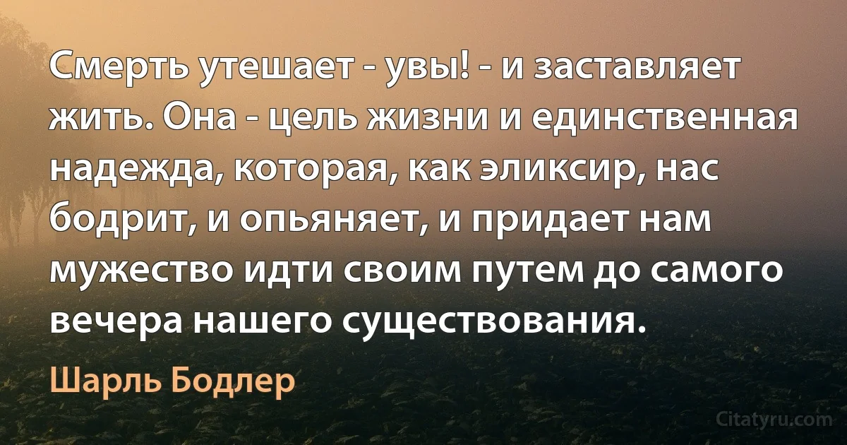 Смерть утешает - увы! - и заставляет жить. Она - цель жизни и единственная надежда, которая, как эликсир, нас бодрит, и опьяняет, и придает нам мужество идти своим путем до самого вечера нашего существования. (Шарль Бодлер)