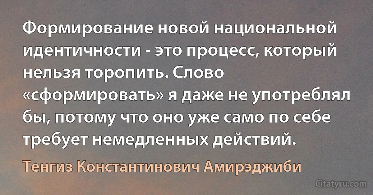 Формирование новой национальной идентичности - это процесс, который нельзя торопить. Слово «сформировать» я даже не употреблял бы, потому что оно уже само по себе требует немедленных действий. (Тенгиз Константинович Амирэджиби)