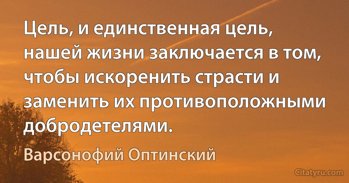 Цель, и единственная цель, нашей жизни заключается в том, чтобы искоренить страсти и заменить их противоположными добродетелями. (Варсонофий Оптинский)