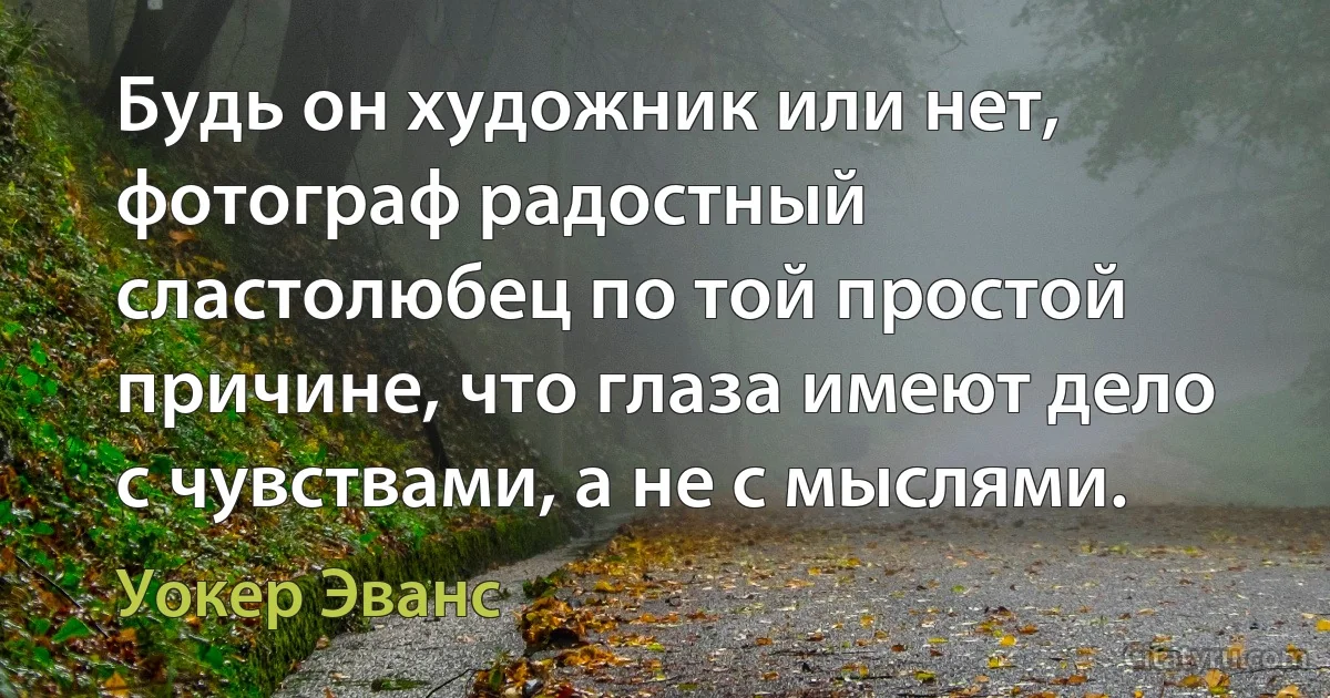 Будь он художник или нет, фотограф радостный сластолюбец по той простой причине, что глаза имеют дело с чувствами, а не с мыслями. (Уокер Эванс)