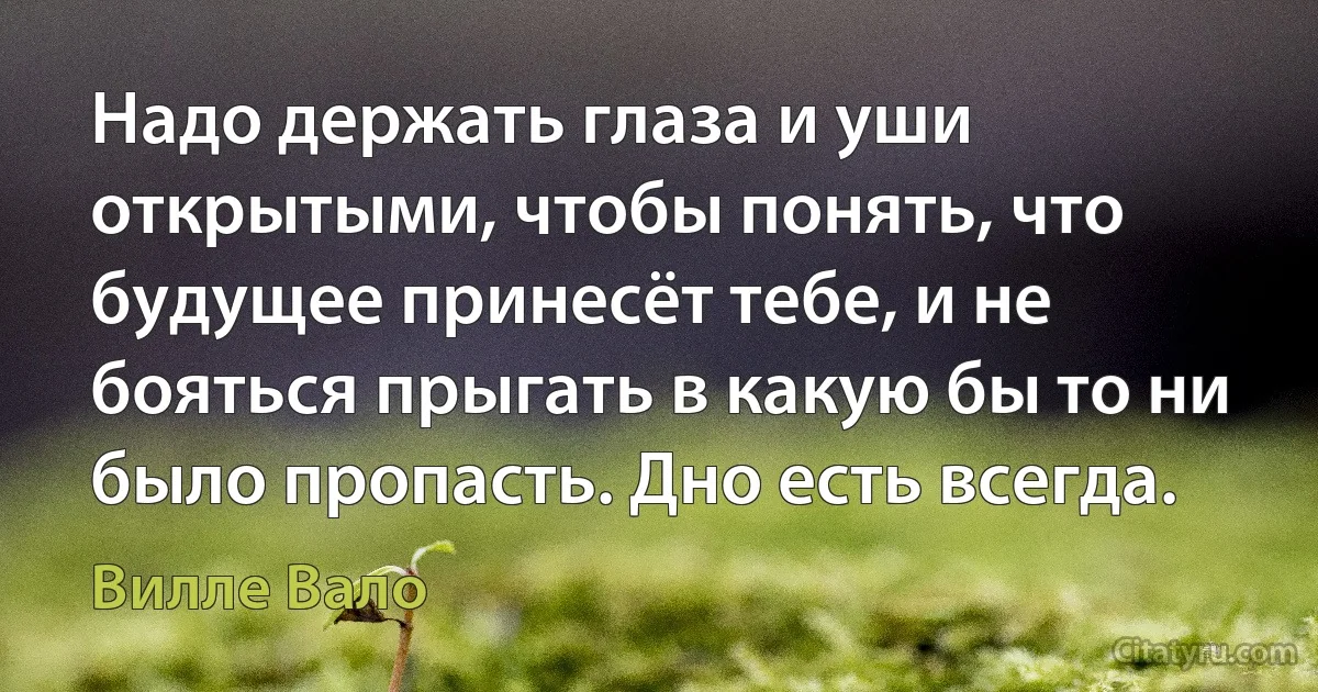 Надо держать глаза и уши открытыми, чтобы понять, что будущее принесёт тебе, и не бояться прыгать в какую бы то ни было пропасть. Дно есть всегда. (Вилле Вало)