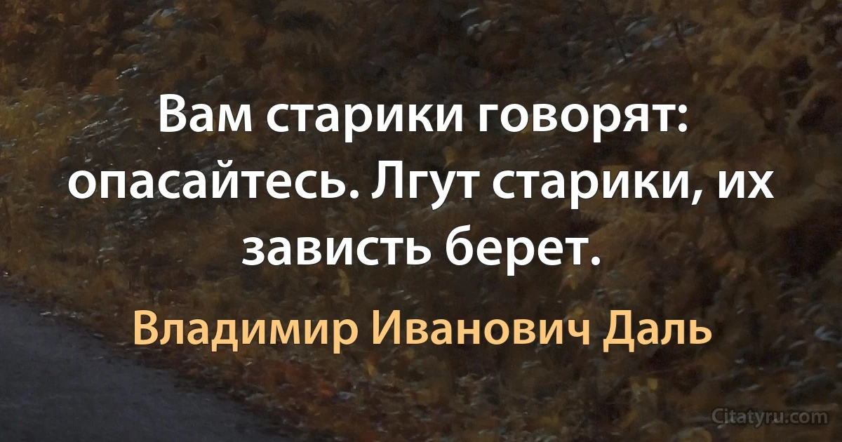 Вам старики говорят: опасайтесь. Лгут старики, их зависть берет. (Владимир Иванович Даль)