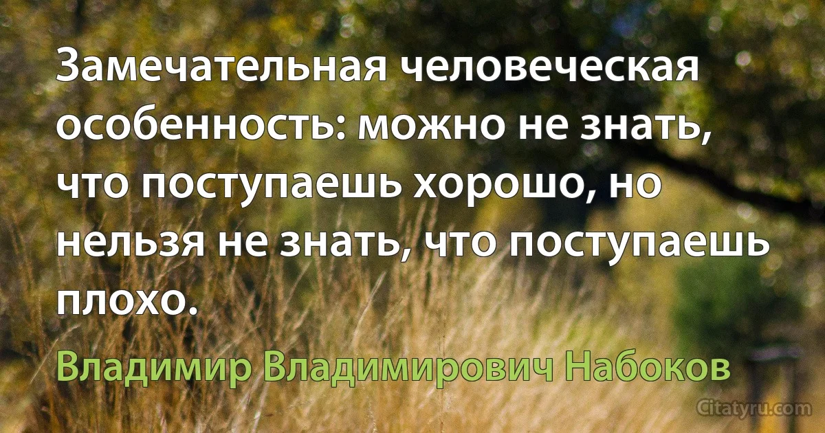 Замечательная человеческая особенность: можно не знать, что поступаешь хорошо, но нельзя не знать, что поступаешь плохо. (Владимир Владимирович Набоков)