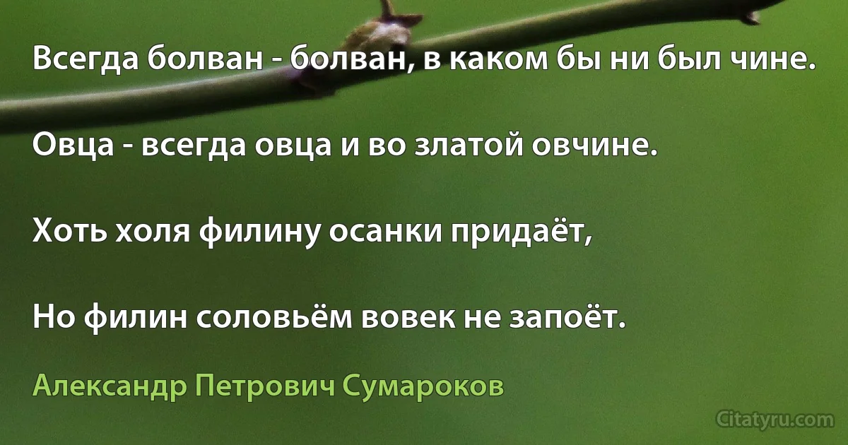 Всегда болван - болван, в каком бы ни был чине.

Овца - всегда овца и во златой овчине.

Хоть холя филину осанки придаёт,

Но филин соловьём вовек не запоёт. (Александр Петрович Сумароков)