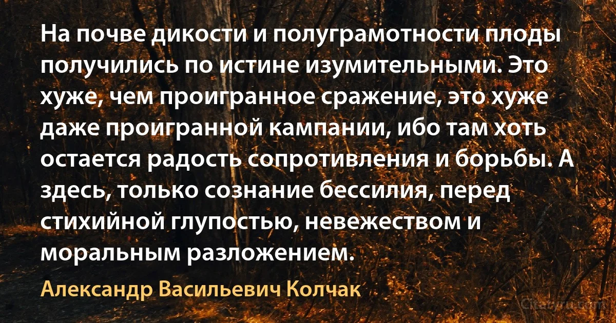 На почве дикости и полуграмотности плоды получились по истине изумительными. Это хуже, чем проигранное сражение, это хуже даже проигранной кампании, ибо там хоть остается радость сопротивления и борьбы. А здесь, только сознание бессилия, перед стихийной глупостью, невежеством и моральным разложением. (Александр Васильевич Колчак)