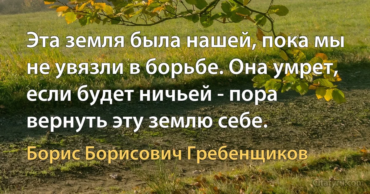 Эта земля была нашей, пока мы не увязли в борьбе. Она умрет, если будет ничьей - пора вернуть эту землю себе. (Борис Борисович Гребенщиков)