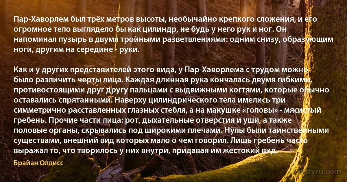 Пар-Хаворлем был трёх метров высоты, необычайно крепкого сложения, и его огромное тело выглядело бы как цилиндр, не будь у него рук и ног. Он напоминал пузырь в двумя тройными разветвлениями: одним снизу, образующим ноги, другим на середине - руки.

Как и у других представителей этого вида, у Пар-Хаворлема с трудом можно было различить черты лица. Каждая длинная рука кончалась двумя гибкими, противостоящими друг другу пальцами с выдвижными когтями, которые обычно оставались спрятанными. Наверху цилиндрического тела имелись три симметрично расставленных глазных стебля, а на макушке «головы» - мясистый гребень. Прочие части лица: рот, дыхательные отверстия и уши, а также половые органы, скрывались под широкими плечами. Нулы были таинственными существами, внешний вид которых мало о чем говорил. Лишь гребень часто выражал то, что творилось у них внутри, придавая им жестокий вид. (Брайан Олдисс)