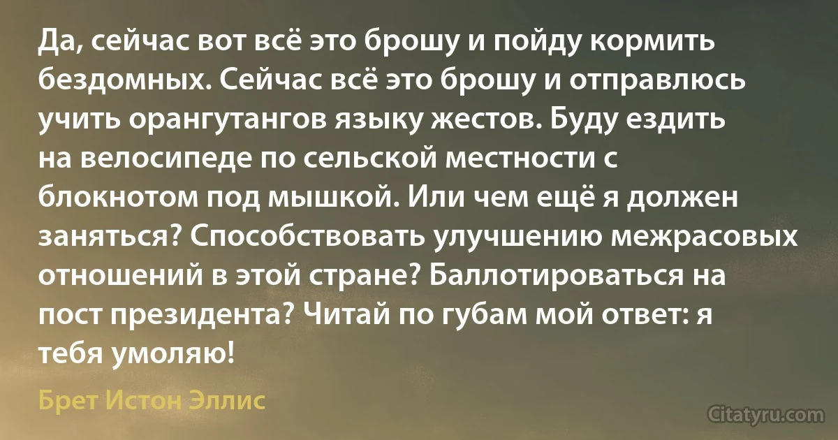 Да, сейчас вот всё это брошу и пойду кормить бездомных. Сейчас всё это брошу и отправлюсь учить орангутангов языку жестов. Буду ездить на велосипеде по сельской местности с блокнотом под мышкой. Или чем ещё я должен заняться? Способствовать улучшению межрасовых отношений в этой стране? Баллотироваться на пост президента? Читай по губам мой ответ: я тебя умоляю! (Брет Истон Эллис)