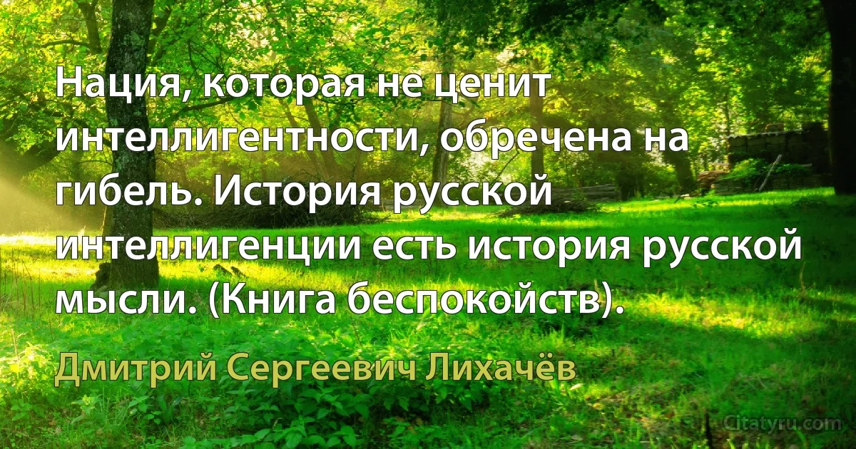 Нация, которая не ценит интеллигентности, обречена на гибель. История русской интеллигенции есть история русской мысли. (Книга беспокойств). (Дмитрий Сергеевич Лихачёв)