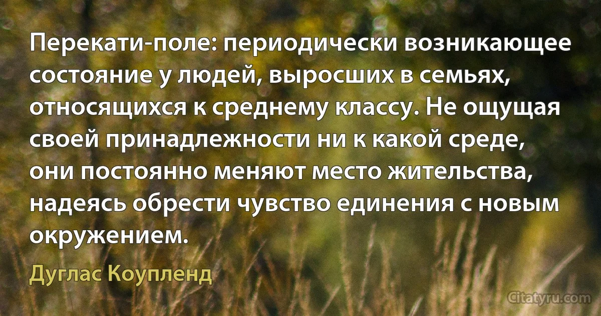 Перекати-поле: периодически возникающее состояние у людей, выросших в семьях, относящихся к среднему классу. Не ощущая своей принадлежности ни к какой среде, они постоянно меняют место жительства, надеясь обрести чувство единения с новым окружением. (Дуглас Коупленд)