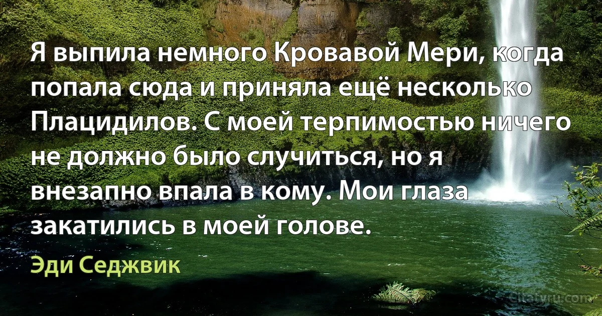 Я выпила немного Кровавой Мери, когда попала сюда и приняла ещё несколько Плацидилов. С моей терпимостью ничего не должно было случиться, но я внезапно впала в кому. Мои глаза закатились в моей голове. (Эди Седжвик)