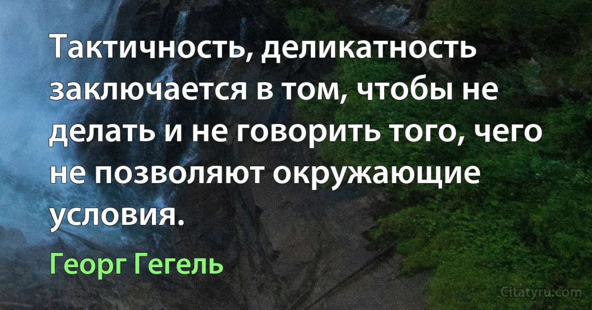 Тактичность, деликатность заключается в том, чтобы не делать и не говорить того, чего не позволяют окружающие условия. (Георг Гегель)