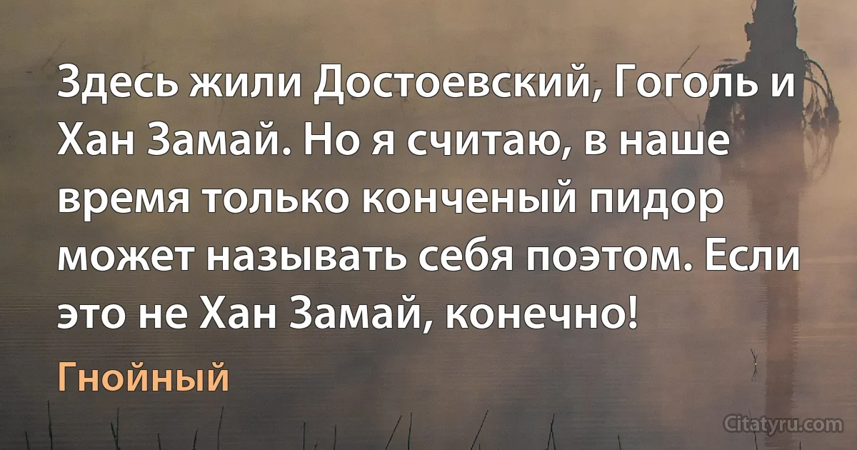 Здесь жили Достоевский, Гоголь и Хан Замай. Но я считаю, в наше время только конченый пидор может называть себя поэтом. Если это не Хан Замай, конечно! (Гнойный)