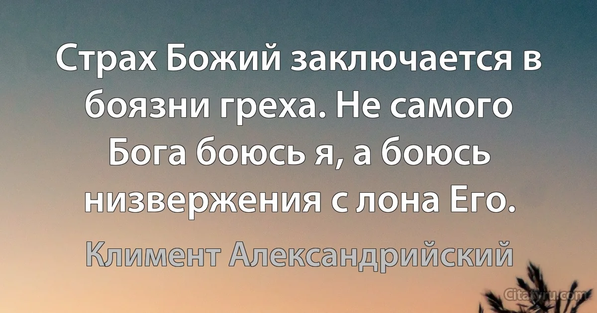 Страх Божий заключается в боязни греха. Не самого Бога боюсь я, а боюсь низвержения с лона Его. (Климент Александрийский)