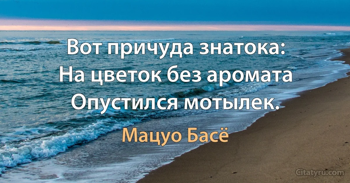 Вот причуда знатока: 
На цветок без аромата 
Опустился мотылек. (Мацуо Басё)