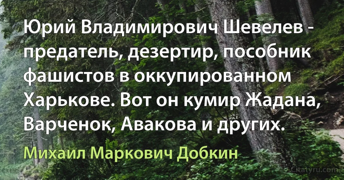 Юрий Владимирович Шевелев - предатель, дезертир, пособник фашистов в оккупированном Харькове. Вот он кумир Жадана, Варченок, Авакова и других. (Михаил Маркович Добкин)