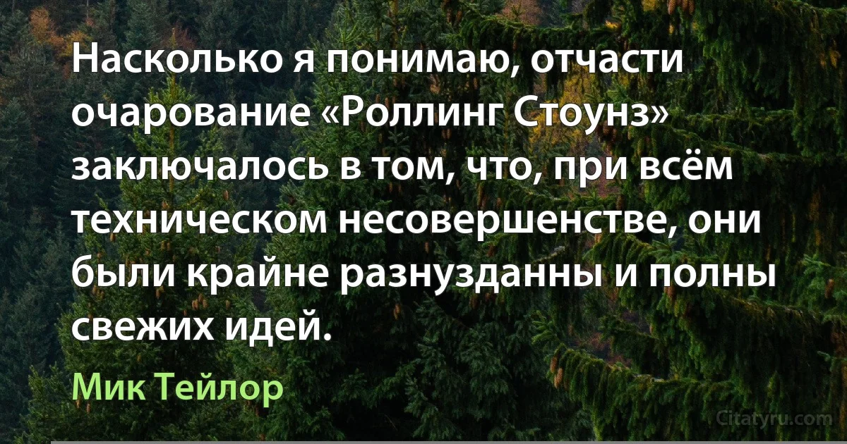 Насколько я понимаю, отчасти очарование «Роллинг Стоунз» заключалось в том, что, при всём техническом несовершенстве, они были крайне разнузданны и полны свежих идей. (Мик Тейлор)