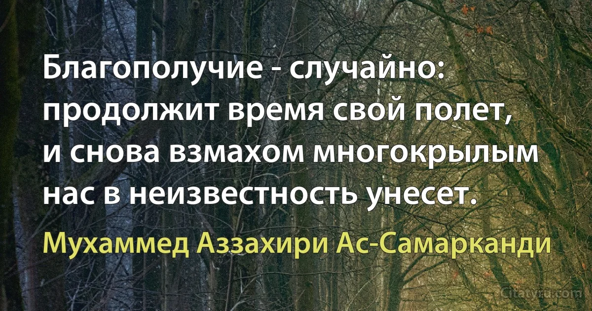 Благополучие - случайно: продолжит время свой полет, и снова взмахом многокрылым нас в неизвестность унесет. (Мухаммед Аззахири Ас-Самарканди)