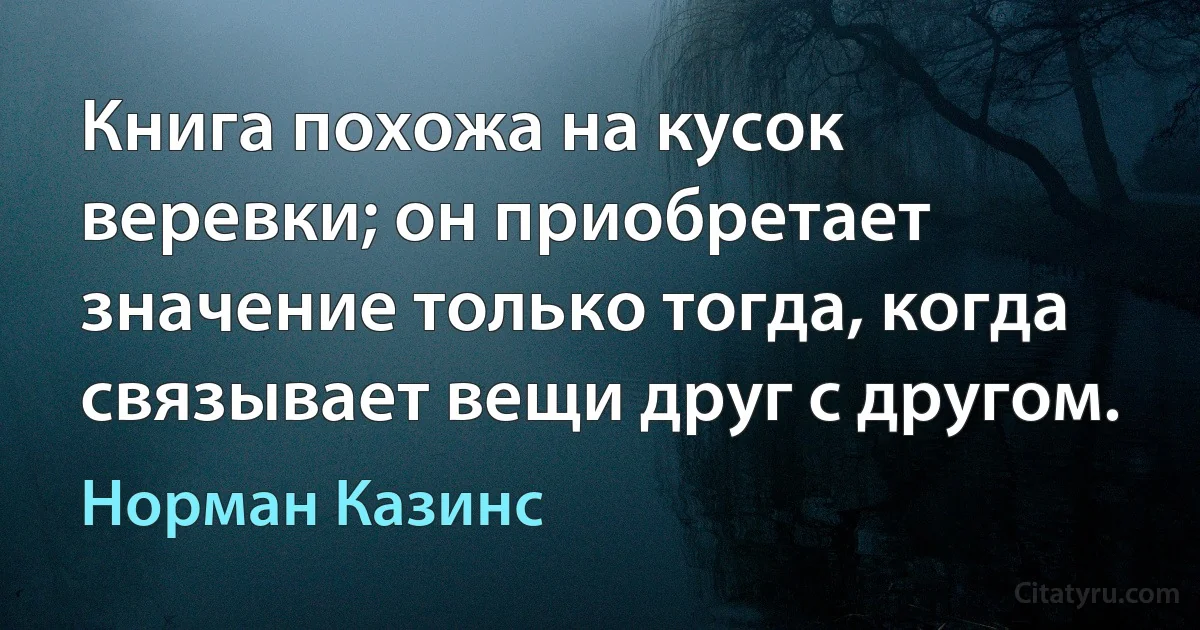 Книга похожа на кусок веревки; он приобретает значение только тогда, когда связывает вещи друг с другом. (Норман Казинс)