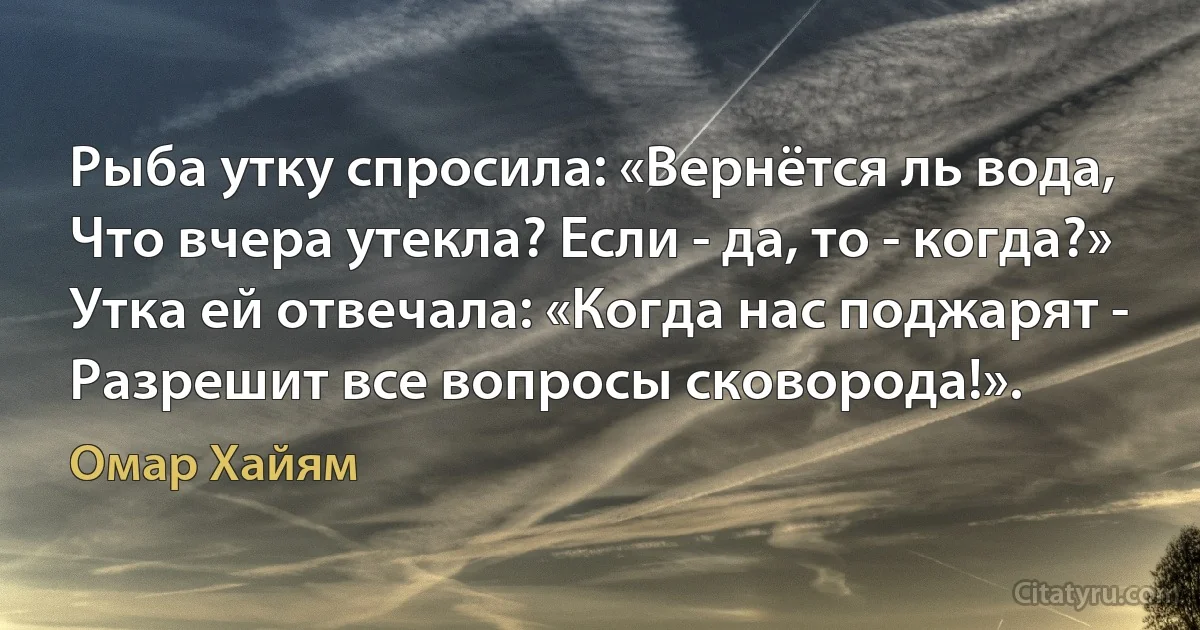 Рыба утку спросила: «Вернётся ль вода,
Что вчера утекла? Если - да, то - когда?»
Утка ей отвечала: «Когда нас поджарят -
Разрешит все вопросы сковорода!». (Омар Хайям)