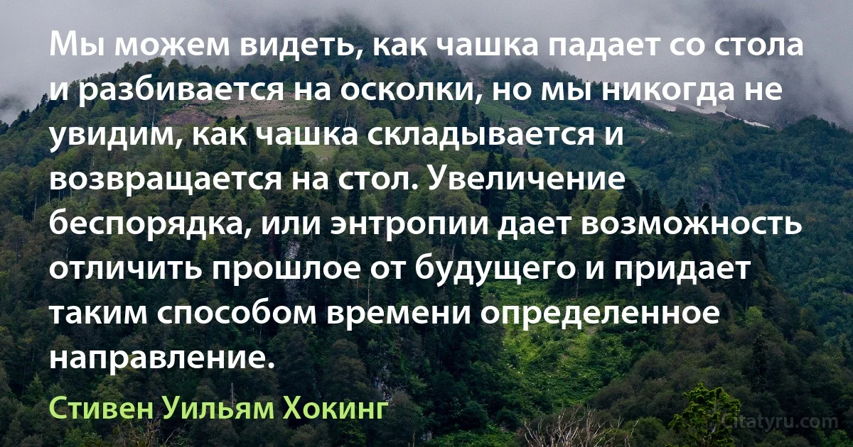 Мы можем видеть, как чашка падает со стола и разбивается на осколки, но мы никогда не увидим, как чашка складывается и возвращается на стол. Увеличение беспорядка, или энтропии дает возможность отличить прошлое от будущего и придает таким способом времени определенное направление. (Стивен Уильям Хокинг)