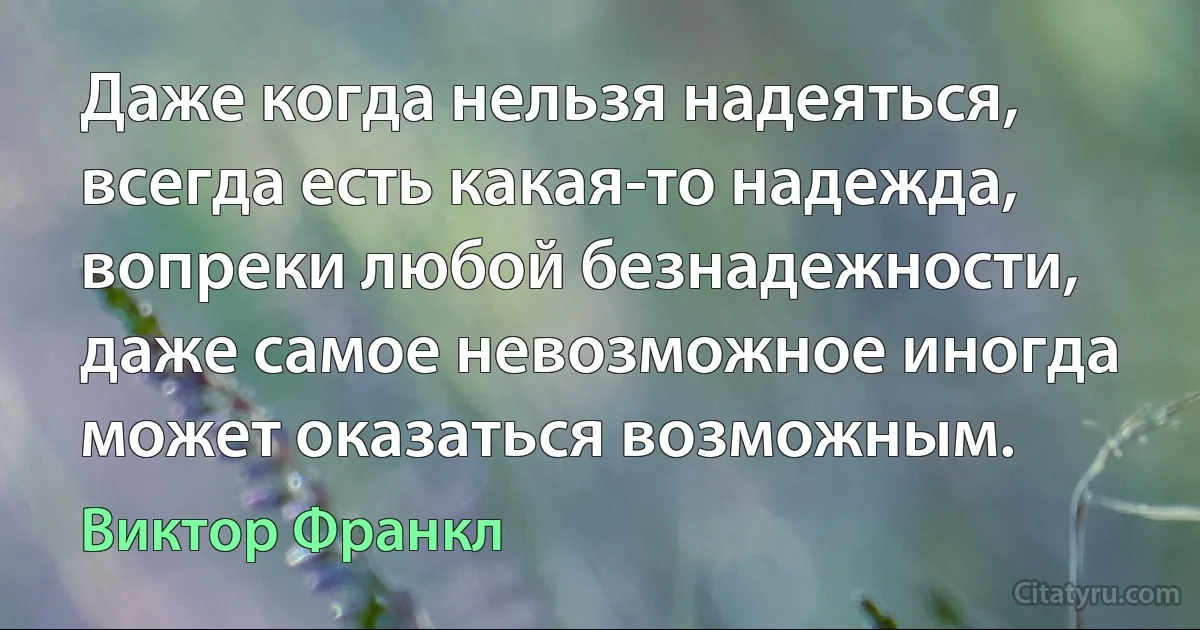 Даже когда нельзя надеяться, всегда есть какая-то надежда, вопреки любой безнадежности, даже самое невозможное иногда может оказаться возможным. (Виктор Франкл)