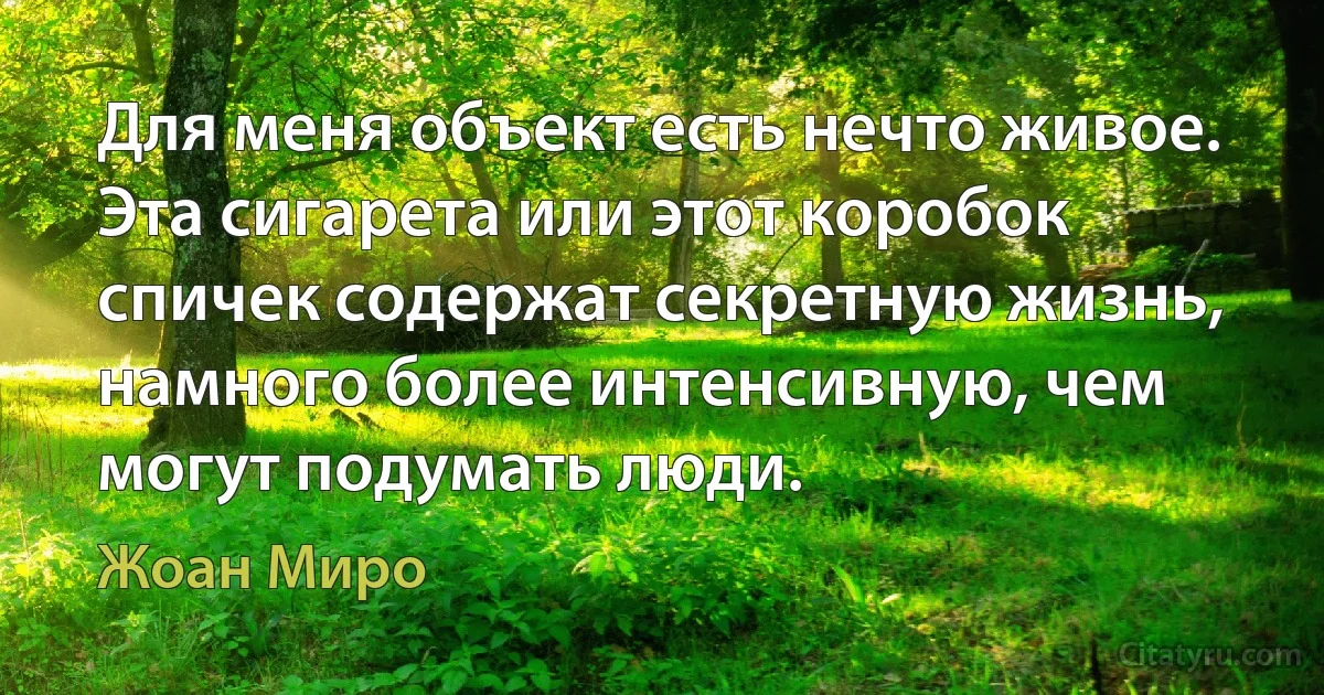 Для меня объект есть нечто живое. Эта сигарета или этот коробок спичек содержат секретную жизнь, намного более интенсивную, чем могут подумать люди. (Жоан Миро)