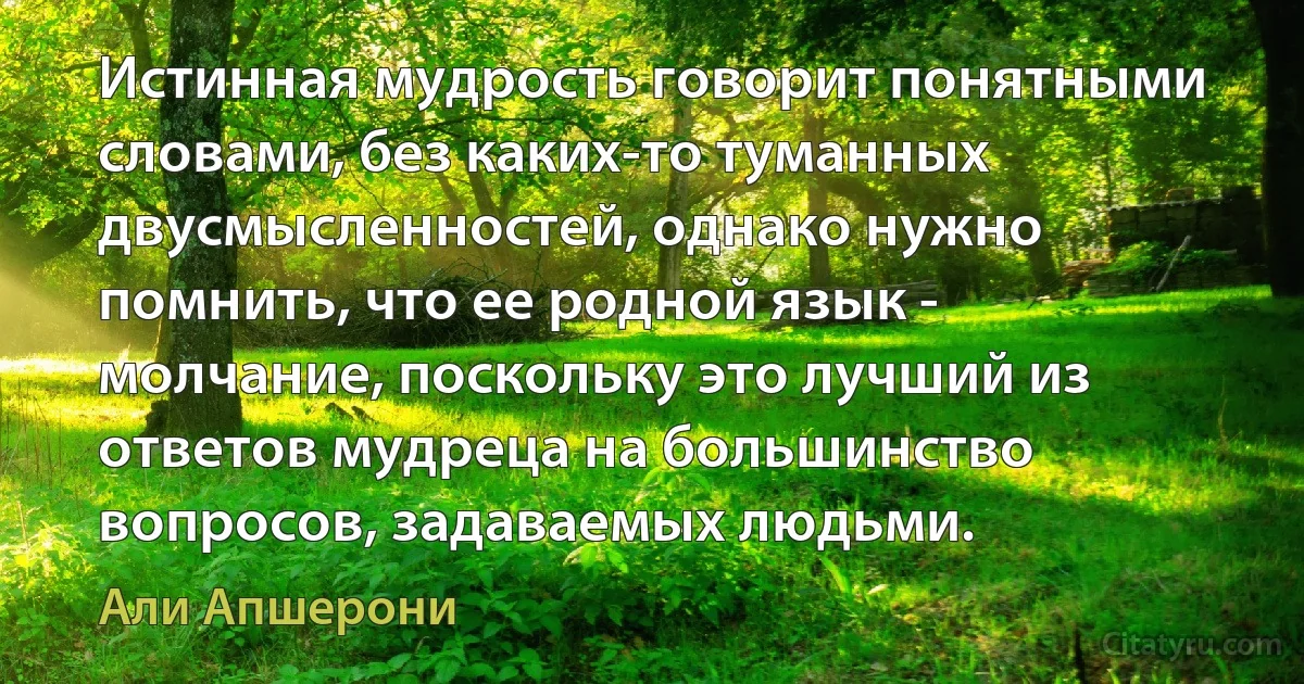 Истинная мудрость говорит понятными словами, без каких-то туманных двусмысленностей, однако нужно помнить, что ее родной язык - молчание, поскольку это лучший из ответов мудреца на большинство вопросов, задаваемых людьми. (Али Апшерони)