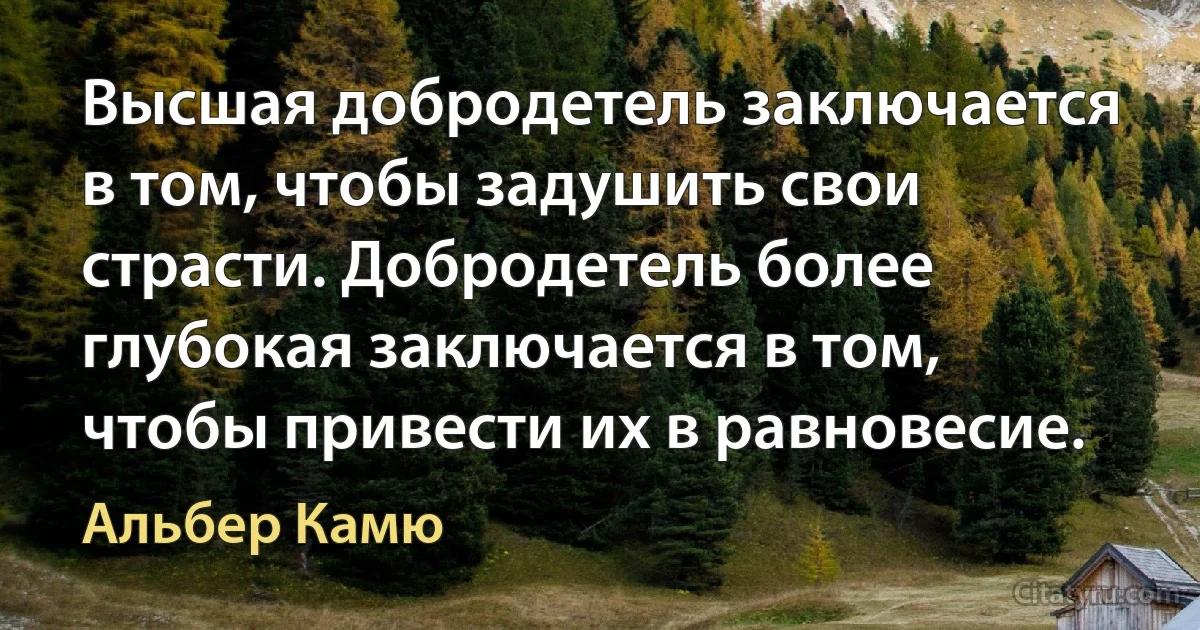 Высшая добродетель заключается в том, чтобы задушить свои страсти. Добродетель более глубокая заключается в том, чтобы привести их в равновесие. (Альбер Камю)